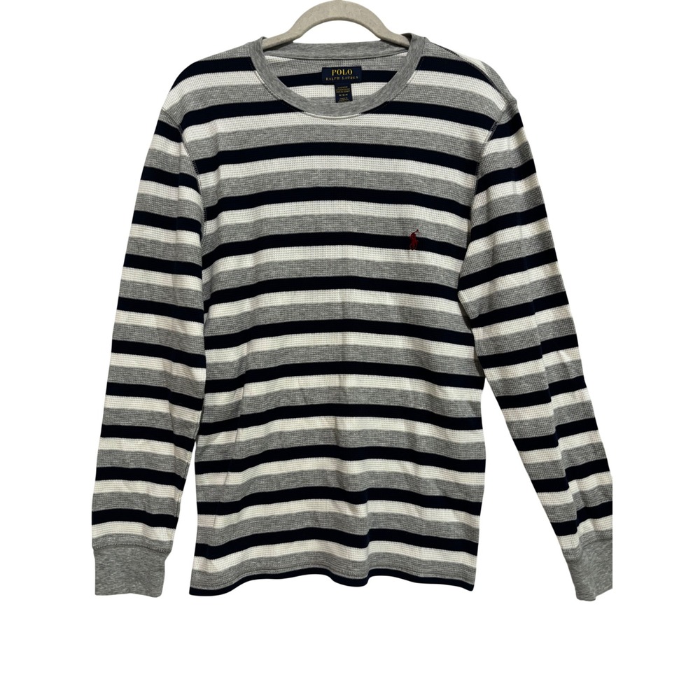 Polo Ralph Lauren Mens Thermal Shirt M Logo Striped Waffle Knit Henley Sleep Top